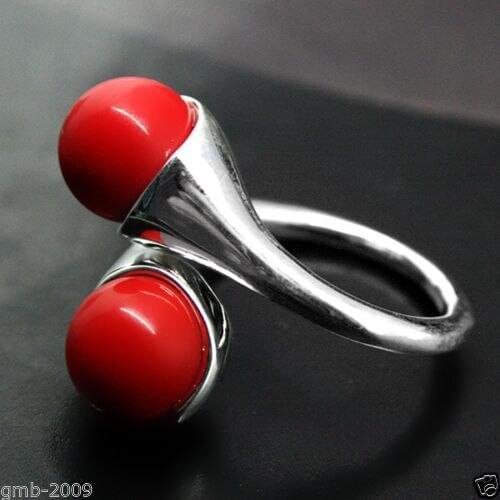 Hot selling>@@ 6MM RED CORAL 925 STERLING SILVER RING SIZE ADJUSTABLE -Bride jewelry