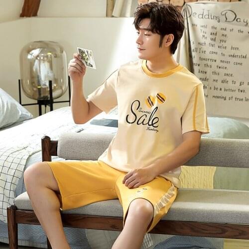 Cotton Summer Pajamas Set Men Fashion Yellow Patchwork Letter Sleepwear Casual Short Sleeve Shorts Plus Size Round Neck Homewear