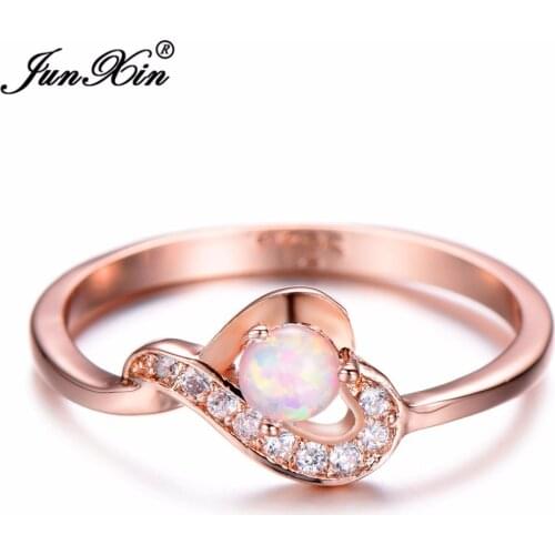 JUNXIN Female Women Heart Finger Ring Fashion Wedding Ring White Fire Opal Stone Ring Vintage Rose Gold Filled Jewelry