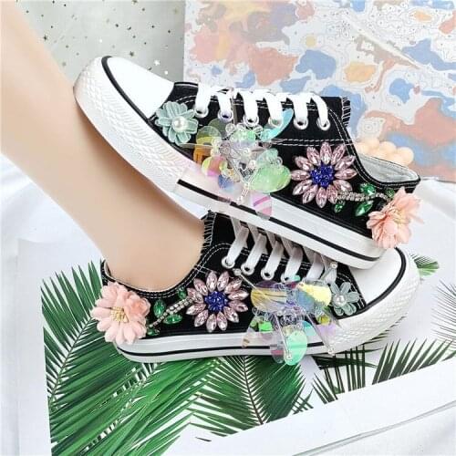 Womens shoes sneakers canvas shoes womens casual shoes womens handmade 3D sequined white flat shoes