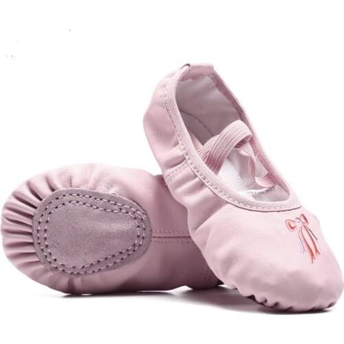 Cat Flower Embroidery Leather Ballet Shoes For Girls/Toddlers/Kids/Women PU Ballet Slippers Dance Shoes Split Sole Pink Gold