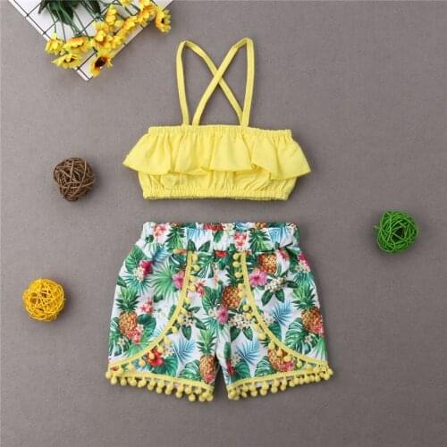 Summer 2 Pieces Toddler Little Girls Clothes Set Ruffle Straps T Shirt Tops+Floral Printed Shorts Outfits Set Suit 1-7 Year