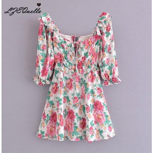 Boho Floral Print A Line Backless Mini Dress Women Lantern Sleeve Ruffles Dresses Sexy High Waist Holiday Beach Vestidos NZ3801