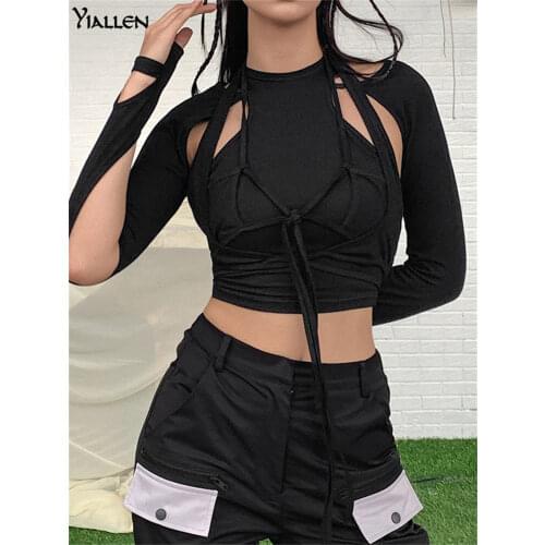 Yiallen Fashion High Street Casual Cotton TShirt Women Spring Autumn Black Slim Streetwear Bow Bandage T Shirt Ladies Top Hot