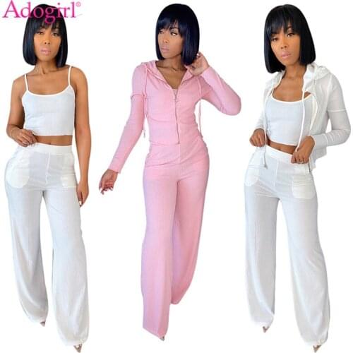 Adogirl Fashion Ribbed 3 Piece Set Zipper Long Sleeve Hooded Coat Crop Camis Wide Leg Pants 2020 New Women Suit Clothing