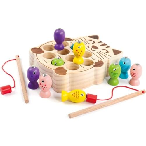 New 13Pcs Wooden Magnetic Fishing Game Jigsaw Puzzle Cute Cat Early Education Toys