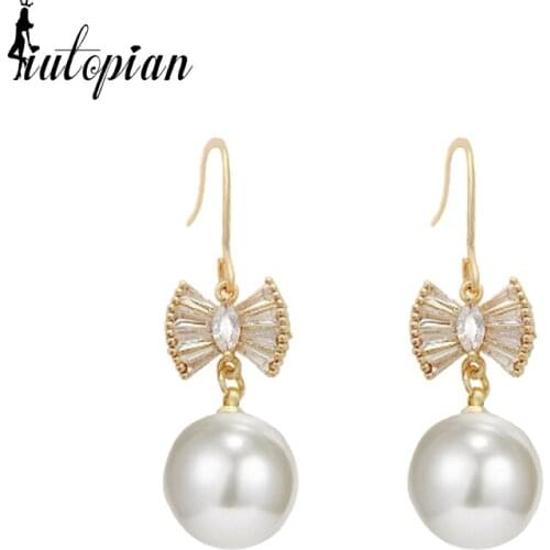 Korean Style New Arrival Bowknot Drop Pearl Earrings For Women With CZ S925 Needle Anti Allergy Daily Jewelry Gift #HJ099
