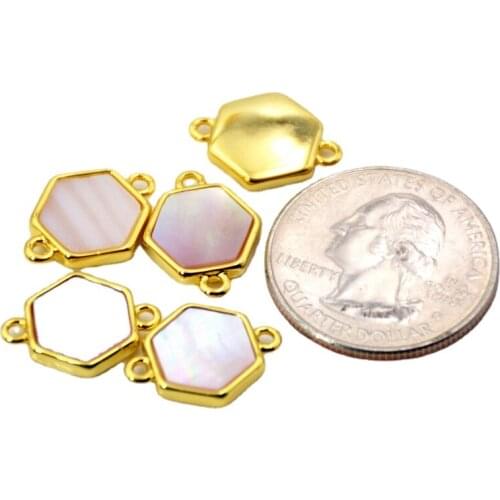 Natural pink Shell Connector Hexagon Double Bail Charm Mystic Pendant Gold Bezel for bracelet jewelry making DIY