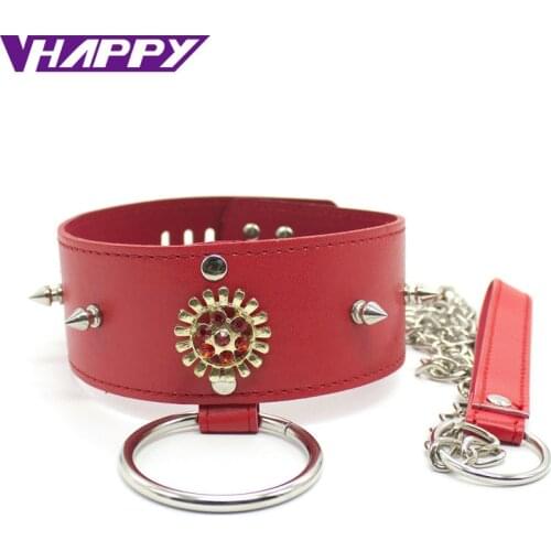 Red Gem and Blue Gem PU Leather Neck Collar Bondage Restraint Slave Collars Erotic Toys Adult Game Sex Products VP-CR003028A