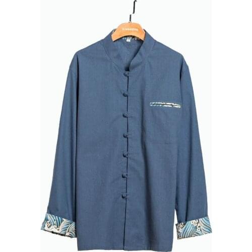 Mens Autumn Long Sleeve Kung Fu Shirt Traditional Chinese Cotton Linen Loose Blouse Tops Buddhist Clothes 4XL