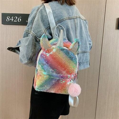 Girl Sequin Unicorn Backpack Children Large Zipper Unicorn Schoolbag Teenager Hologram Heart Love Backpack For School Travel Bag
