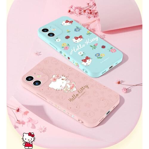 Hello Kitty Silicone Protective Case for Iphone 12/mini/pro/pro Max Flocking Lining with Rope Hole Scratch Resistant Phone Case