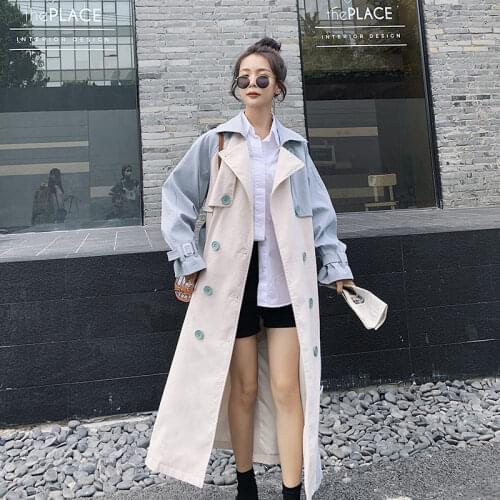 Windbreaker Womens Mid-Length 2021 Spring And Autumn New Style Splicing Korean Loose British Jacket Fashion Long Outerwear zh64