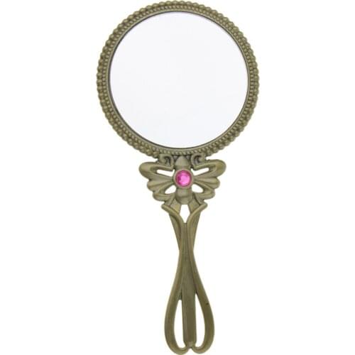 Fashion Retro Vintage Hand Held Makeup Mirror Women Cosmetic Bronze Mirror With Pink Rhinestone