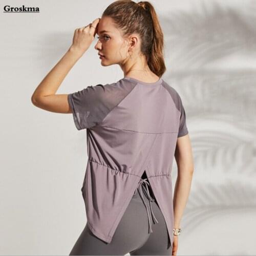 Back split women quick dry yoga shirt patchwork mesh sleeve drawstring fitness gym t shirt womens sports running smock