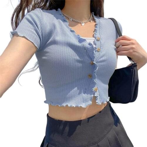 2020 Fashion Trend Female Summer New Solid T-Shirt V-Neck Short Sleeve Base Women’ s Crop Top Buttons Down Casual Tees