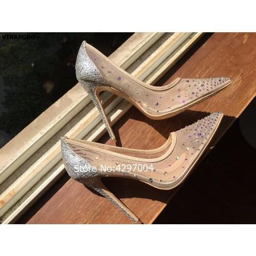 2018 VINAPOBO Rhinestone High Heels Women Pointed Toe Heels Crystal bling Silver Shoes high heels pumps 12cm Party Wedding shoes