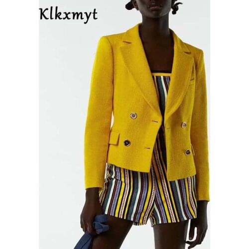 Za Blazer Women 2021 Fashion Double Breasted Cropped Tweed Blazer Coat Vintage Long Sleeve Pockets Female Outerwear Chic Veste