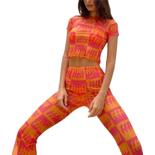 2Pcs Women Summer Tracksuit, Plaid Mock-Neck Short Sleeves Slim T-Shirt + High-Waist Flared Pants for Girls, Orange/Light Green