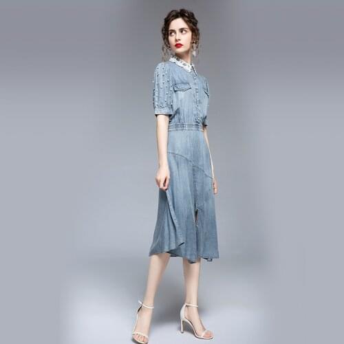 2021 New Womens Summer Denim Dress Office Lady Vintage Beading Dress Short Sleeve Lace Turn Down Collar Elegant Party Dresses