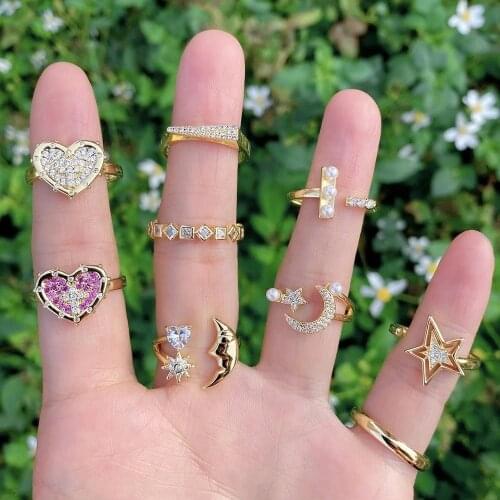 10Pcs 2021 Latest Fashion Beautifu Heart Moon Stars Bohemian Style Gold CZ Copper Zircon Rings for Women Jewelry Party Gift