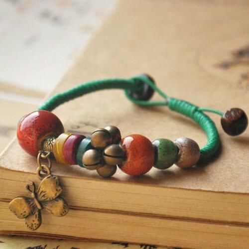 12 Pieces/Lot Vintage Charms Bracelet For Women Bell Colorful Ceramic Beads Strand Wood Bead Bracelets Ethnic jewelry Men Gift