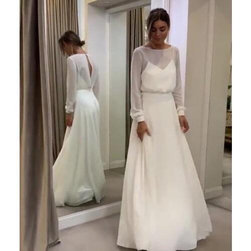 2021 Bohemian Simple Long Sleeve Wedding Dress A Line Open Back Modest Plus Size Custom Made Women Chiffon Bridal Gowns