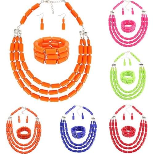 African Fashion Beads Jewelry Multi-layer Beaded Necklace Earrings Bracelet Acrylic Clavicle Chain Sweater Chain Charming Ladies