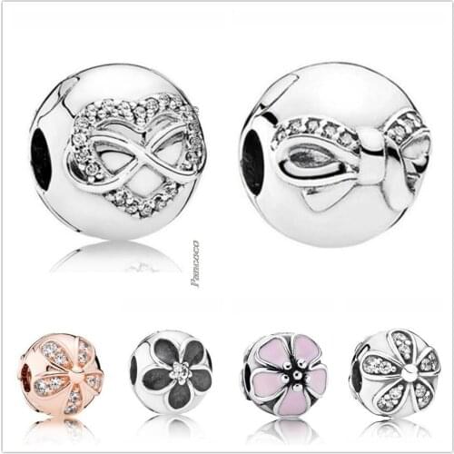 Authentic 925 Sterling Silver Gold Color Shine Dazzling Daisies Fixed Clip Stopper Bead Fit Pandora Bracelet & Necklace Jewelry