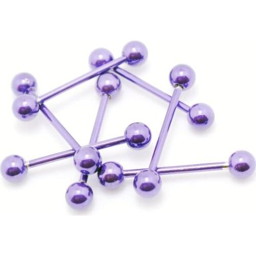 Purple color 10pcs stainless steel tongue ring bars body piercing jewelry barbell earrings 6mm ball 14gauge