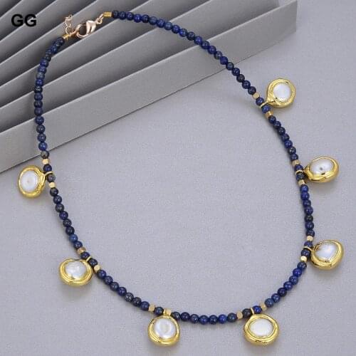 GuaiGuai Jewelry Natural Blue Lapis Lazuli Choker Necklace Cultured White Pearl Charm 17" Cute For Women