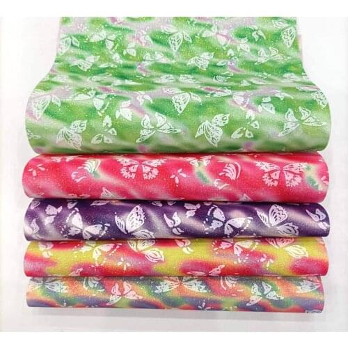 135x30cm Butterfly Colorful Rainbow Printed Fine Glitter Synthetic Leather for Making Shoe/Bag/Handbag/DIY Accessories/Hair bow