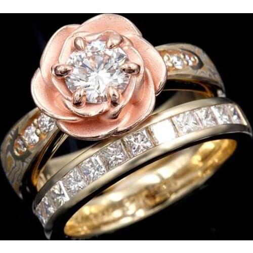 2pcs Gorgeous Rose Flowers Rings Set Cubic Zirconia Gold Color Wedding Rings for Women Engagement Party Jewelry Gift Wholesale