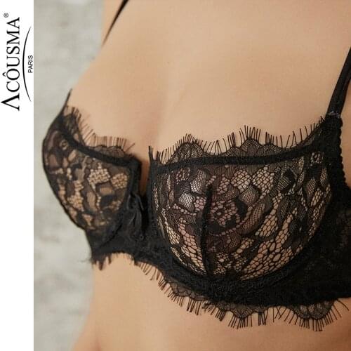 Lace sexy thin Transparent Ultra Thin Bra Lace Hollow Out Bowknot push up underwear hot-selling vintage solid color bra set