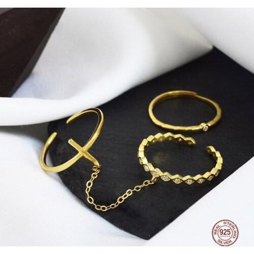 LKO 3pcs/Sets Cross Chain Geometry Rings Lnlaid Zircon Crystal Opening Adjustable Rings For Women Trend Jewelry Ornaments