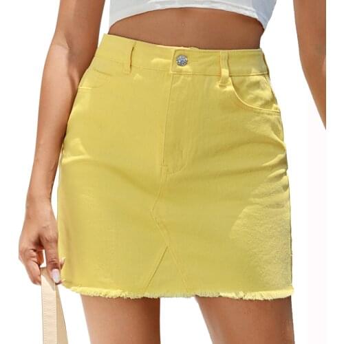 2021 Summer Women Mini Skirts High Waist Yellow Denim Female All-Match Zipper Fly Frayed Hem Streetwear Indie Slim Solid Skirt