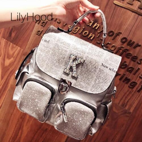 Iridescent Rhinestone Casual Backpack Women High Quality Sparkle Shiny Daily Knapsack Bag Female New Paper Printing Backpack