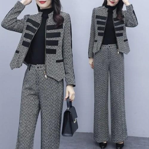 Office Ladies Elegant Wool Blends Suit Women Outfit Fashion Zip Up Short Jacket And Vintage Wide Leg Pant Casual Two Piece Sets