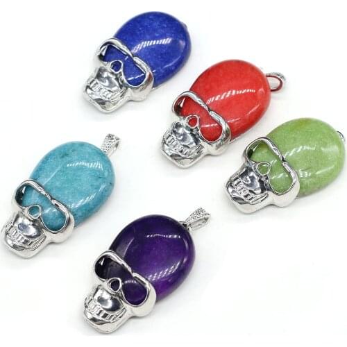 Natural Stone Pendants Exquisite Skull Shape Alloy Semi Precious Stone Charms for Jewelry Making Necklace Bracelet Gift