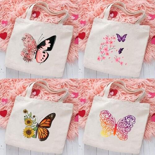 Women Canvas Shopping Bag Butterfly Flower Printed Female Shoulder Bag Eco Handbags Tote Reusable Shopper Bags Fashion Beach Bag