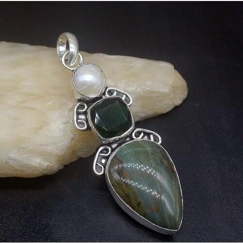 Gemstonefactory Jewelry Big Promotion 925 Silver Ocean Jasper Pearl Green Topaz Women Ladies Gifts Necklace Pendant 0817