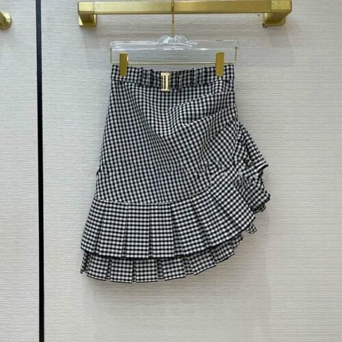 Mini Luxury Brand Plaid Skirt Women High-end Design Asymmetrical Ruffles Polyester Mermaid Short Skirts 2021 Spring Summer