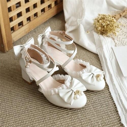 YQBTDL White Pink High Heels Ladies Sandals Princess Cosplay Lolita Shoes Cross Strap Cute Bow Block Heel Sandal Party Wedding