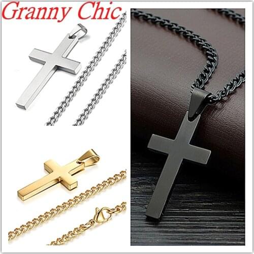 Granny Chic Jesus Cross Necklaces & Pendants For Men Women Silver Gold Black color Collier Stainless Steel Jewelry Cruz Colgante