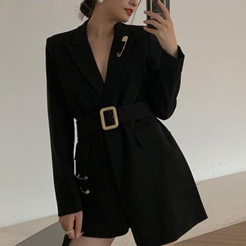 2021 New Spring Summer Outwear Fashion Sashes Belted Women Blazer Notched Collar Long Sleeve Pins Black Female Suit Jacket