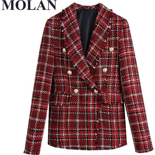 Women Blazer Jacket Fashion Double Breasted Tweed Check Coat Vintage Long Sleeve Frayed Trims Female New Outerwear Chic Tops
