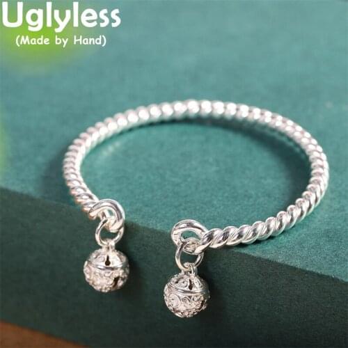Uglyless Ethnic Bells Open Bangles for Women Vintage Thai Silver Twist Bangle Solid 925 Silver Bells Bracelet Fine Jewelry BA677