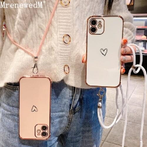 Luxury Plating Bumper Lanyard Phone Case For iPhone 12 11 Pro X XR XS Max 7 8 Plus SE2 Candy Color Neck Cord Soft Silicone Cover