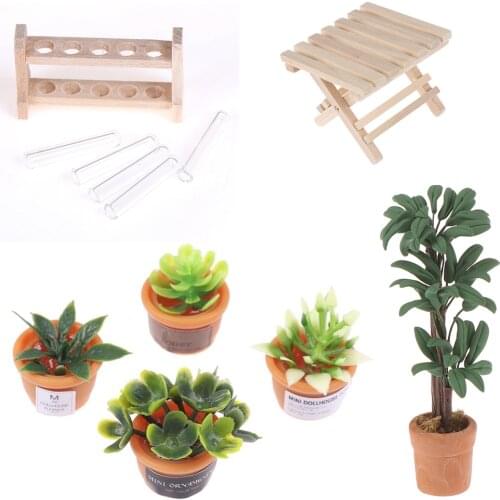 DIY 1:12 Dollhouse Miniature Potted Plant Pot Folding Table Laboratory Glass Test Tubes with Wooden Rack Furniture Toys