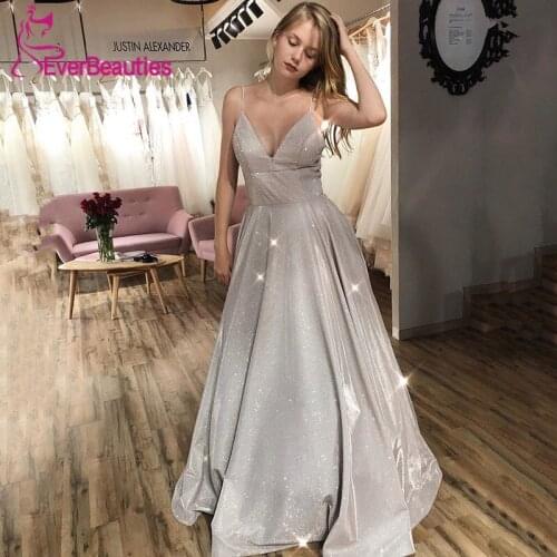 Robe De Soiree Evening Dress with Pockets Glittering Sequin Spaghetti Straps A-Line V-Neck Prom Party Dresses Long 2020
